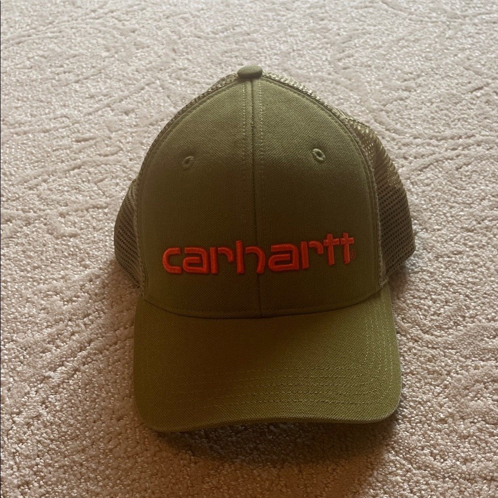 Carhartt Olive Green Trucker Cap with Bright Orange Logo